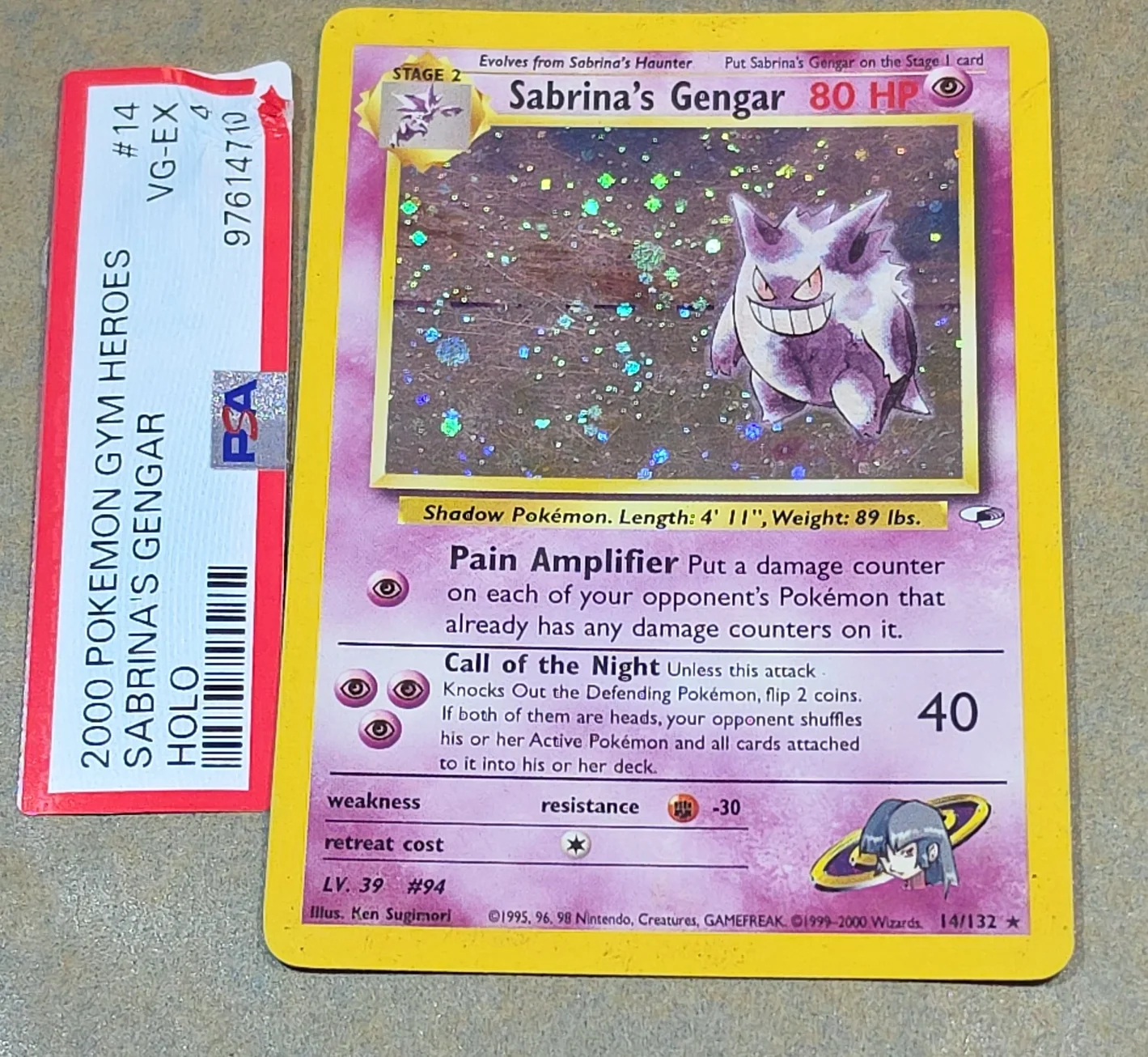 Original Sabrina's Gengar card and holder-label reference photograph