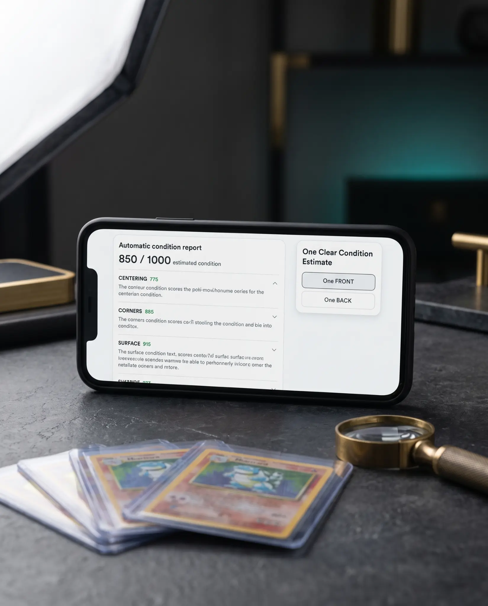 Illustrative Apex Cards Pro campaign scene showing a phone-based condition report next to cards