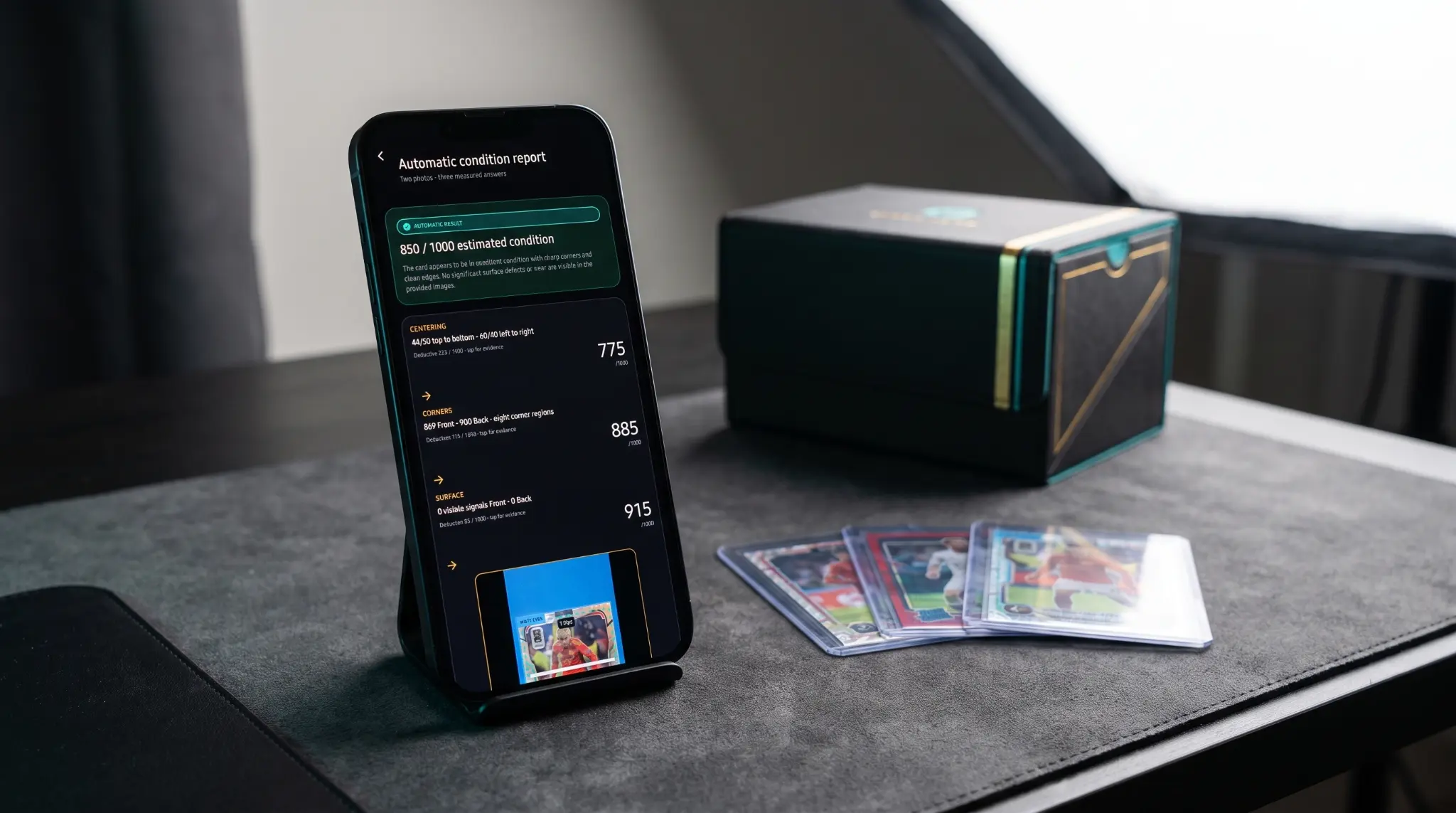 Illustrative Apex Cards Pro campaign workbench scene with a phone report and trading cards