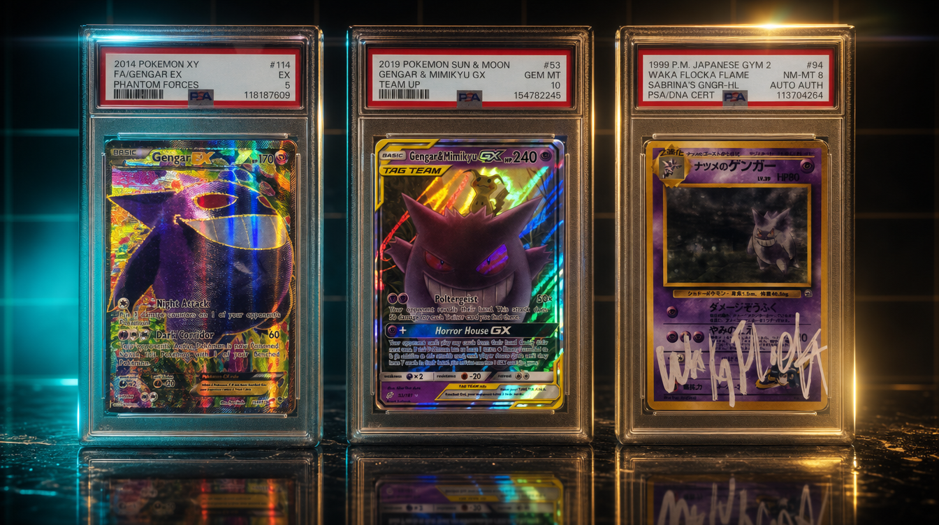 Three PSA-graded Pokemon card slabs: Gengar EX PSA 5, Gengar & Mimikyu GX PSA 10, and 1999 Japanese Sabrina Gengar NM-MT 8 with Waka Flocka Flame autograph